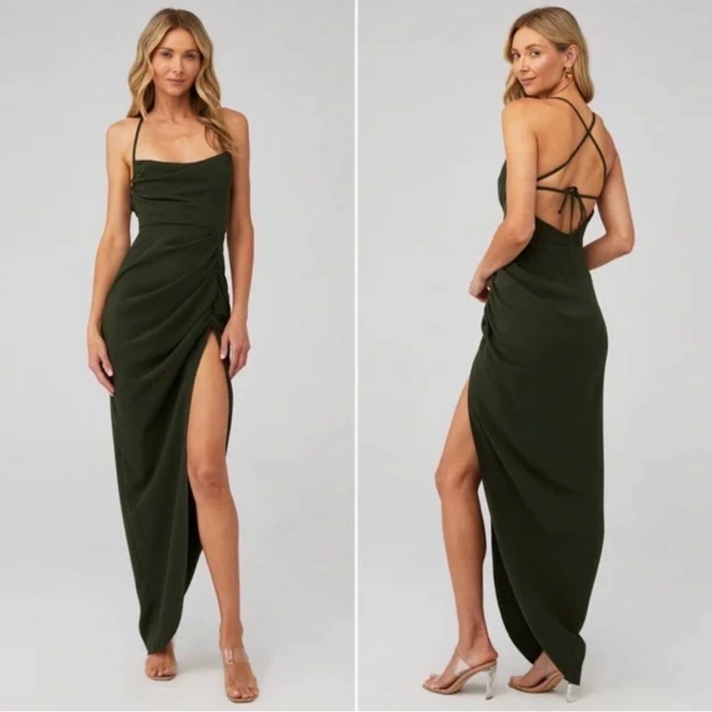 Amanda Uprichard Strappy Olive Green Asymmetric Maxi Dress